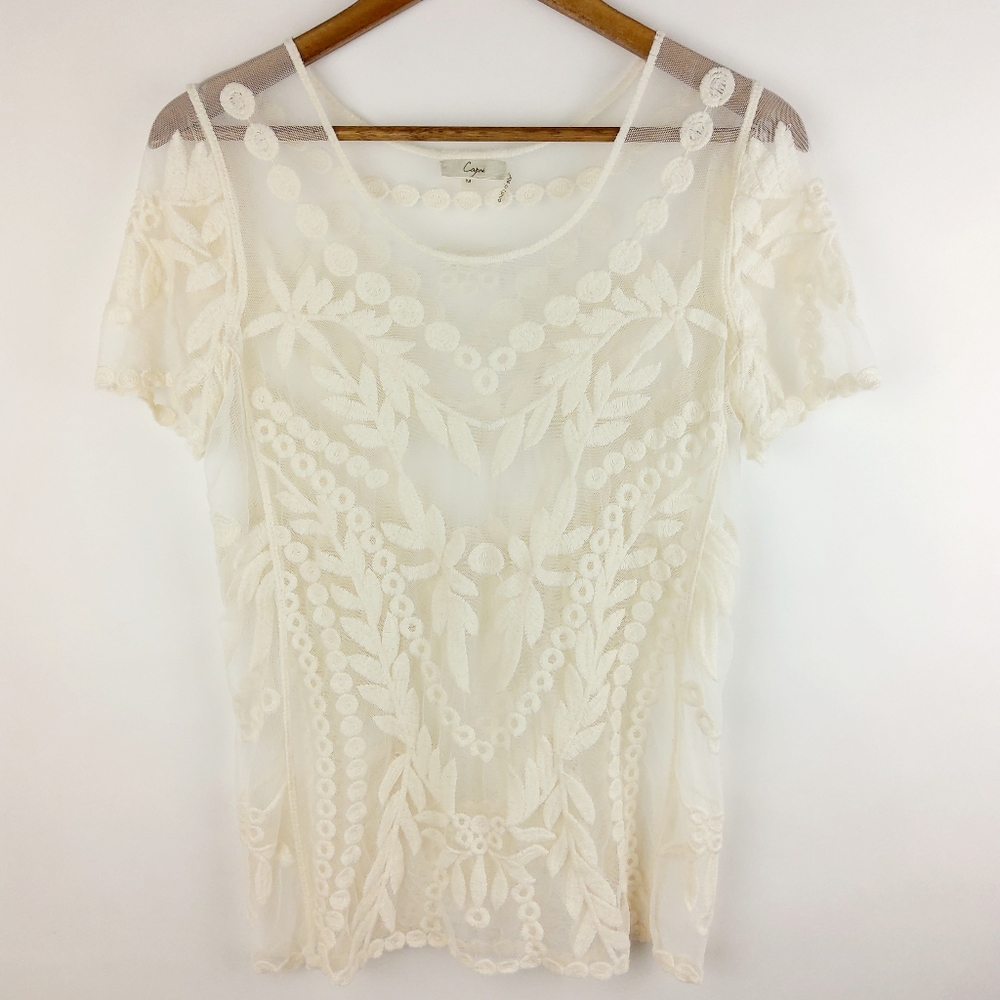 Capri Ivory Mesh Embroidered Top Size Medium